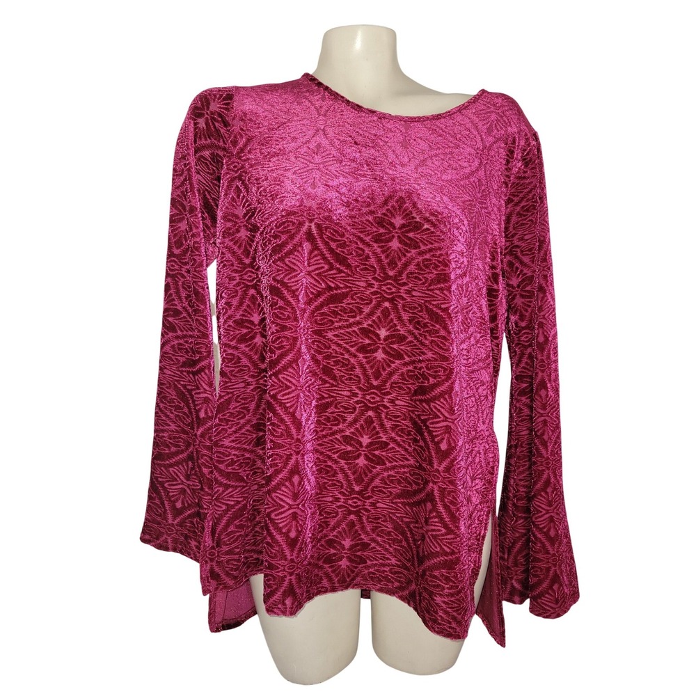 Cato Magenta Pink Velvet Damask Embossed Tunic Top Long Sleeve Keyhole Back M